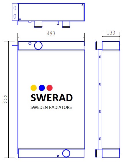 Teknisk ritning som visar front-, topp- och sidovyer av en Kylare Ponsse skördare radiatorenhet, märkt med mått på 855 mm höjd, 493 mm bredd och 133 mm djup.
