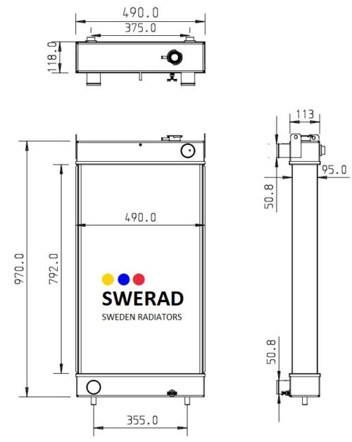 Teknisk ritning av Kylare Doosan grävmaskin-radiatorn, märkt "SWERAD SWEDEN RADIATORS", som visar front-, topp- och sidovyer med detaljerade millimetermått.