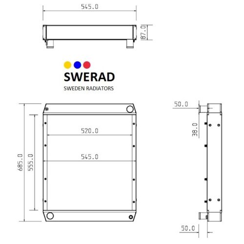 Teknisk ritning av Kylare Matbro teleskopplastradiator, som visar fram- och sidovyer med mått i millimeter. SWERAD Sweden Radiators logotyp med färgade prickar visas ovanför illustrationen.