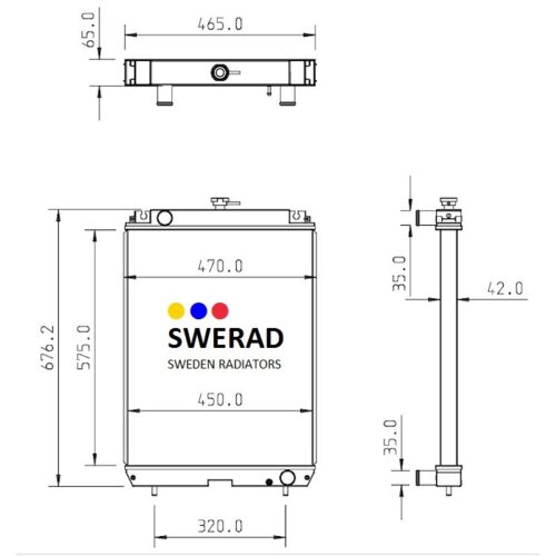 Teknisk ritning av Kylare Kobelco minigrävare-radiatorn med angivna mått i millimeter. Framifrån visas logotypen centrerad på framsidan, medan topp- och sidovyer visar ytterligare mått.