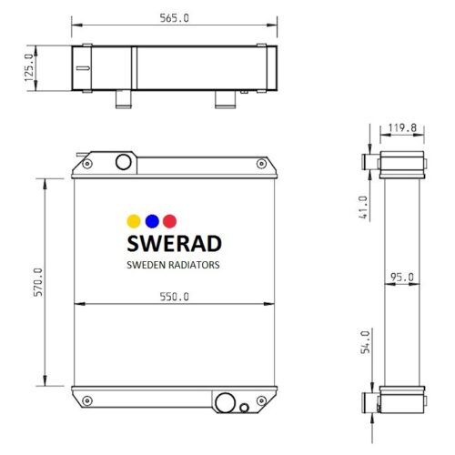 Teknisk ritning av en rektangulär Kylare Caterpillar teleskopplastradiator märkt "SWERAD SWEDEN RADIATORS", som visar måtten 570 mm x 565 mm, placering av kontakter samt vyer framifrån, från sidan och uppifrån med angivna mått.