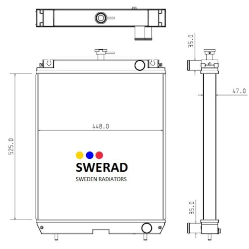 Teknisk ritning av en Kylare Isuzu-generatorenhet som visar fram-, sido- och toppvyer med måtten: 525 mm höjd, 448 mm bredd och 47 mm djup. SWERAD-logotypen är centrerad framifrån.