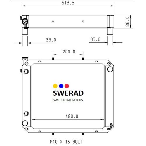 Teknisk ritning av Kylare Hyster/Yale gaffeltruck-kylaren märkt "SWERAD SWEDEN RADIATORS", med 613,5 mm bredd, 480 mm invändig bredd, 88 mm höjd och flera specificerade bultpositioner.