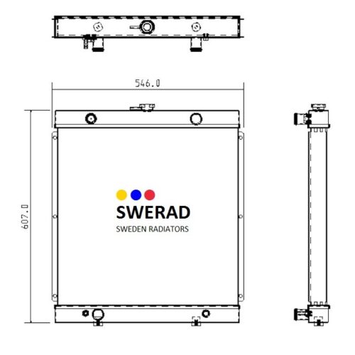 Teknisk ritning av Kylare Kohler-generatorns radiator, märkt "SWERAD SWEDEN RADIATORS", med vyer framifrån, uppifrån och från sidan med måtten 607,0 mm höjd och 546,0 mm bredd plus visade kontaktplaceringar.