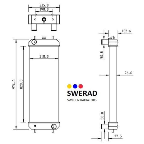 Teknisk ritning av Kylare Kobelco grävmaskin-radiatorn, som visar fram- och sidovyer med millimetermått (bredd 335 mm, höjd 974 mm), plus SWERAD Sweden Radiators logotyp med färgade prickar.